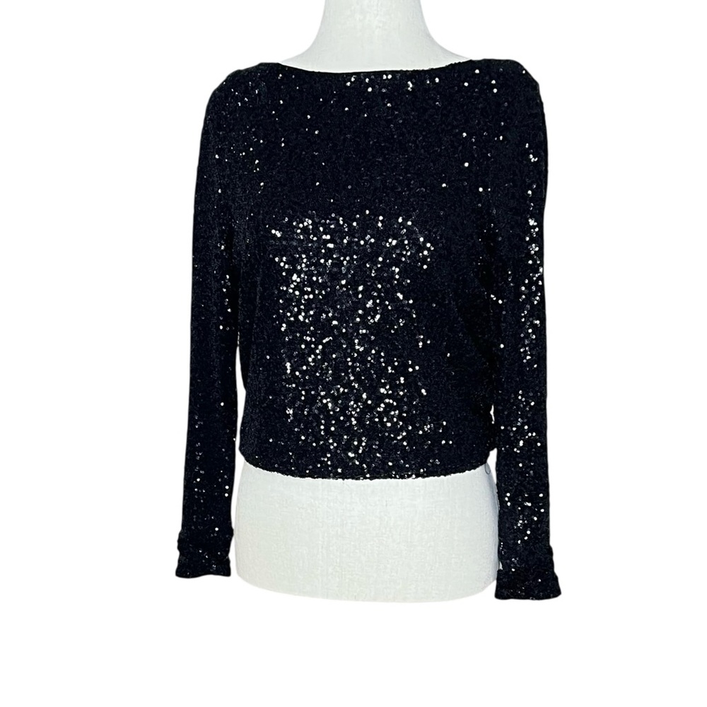 LA CITE Black Sequin Plunging Back Long Sleeve Scoop Neck Crop Evening Top SZ: M